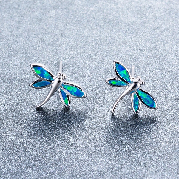 Sterling Silver earrings for women, opal earrings, dragonfly Earrings, girl earrings, white/ blue opal Stud Earrings, birthday Gift for her