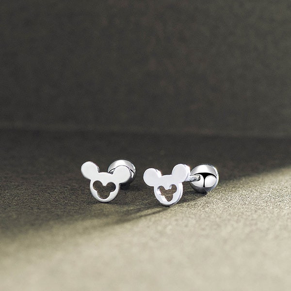 Sterling Silver screw back earrings for kids, small tiny Minnie mouse earrings stud , mickey earrings girl, birthday gift for her gift box