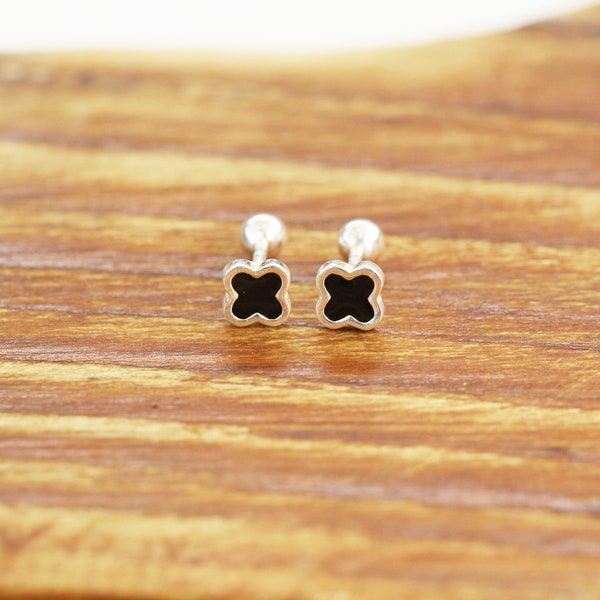 Sterling Silver screw back earrings for kids, small tiny black agate clover earrings stud , earrings girl, birthday gift for her gift box