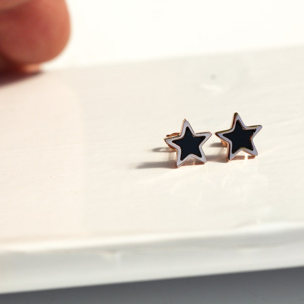 star earrings for women, rose gold stainless steel stud earrings, black agate lucky star earrings, girl earring, birthday gift for her