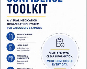 Könnte beinhalten: Ein weißer, blauer und gelber digitaler Flyer mit dem Titel Medication Confidence Toolkit. Er listet Funktionen wie einen Medikamentenplan, Etikettenleitfaden und Tracker auf, mit dem Text Simple System. Clear Information.