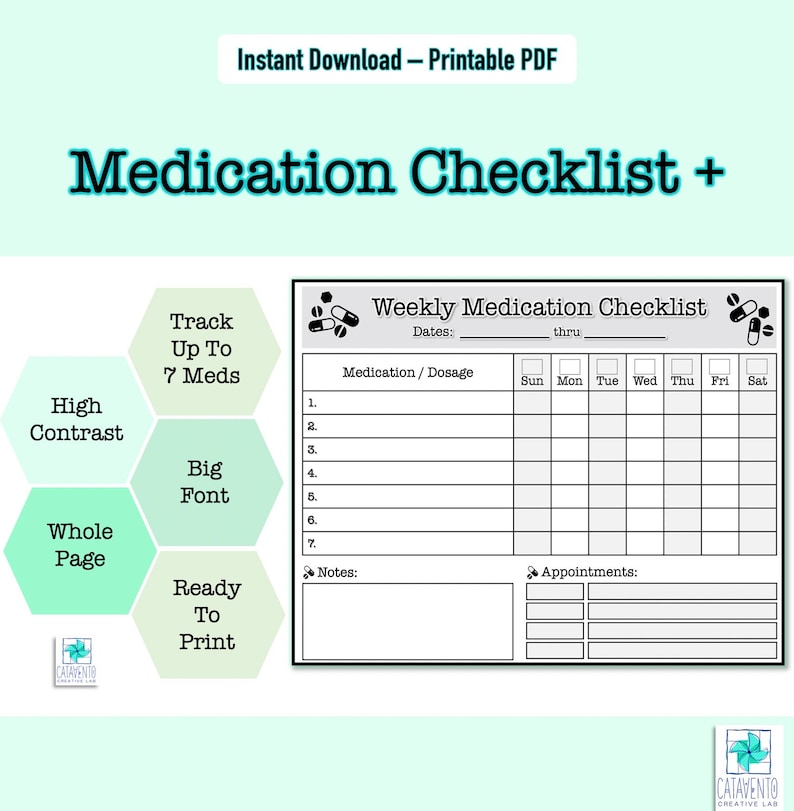 Medication Tracker Medication Checklist Medication Log Weekly INSTANT