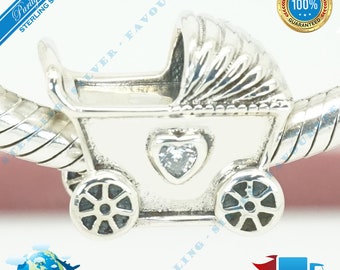 Baby Pram Charm, Cargo, Boy, Girl, Clear Heart Bead > Fits Europa Bracelet > S925 Sterling Silver > Fully Stamped > NEW