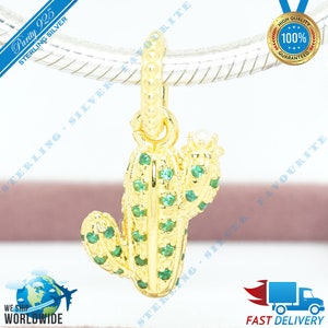 Vergulde sprankelende woestijn cactus hanger charme, parel, natuur kraal > past bij Europa armband > S925 sterling zilver > volledig gestempeld > NIEUW