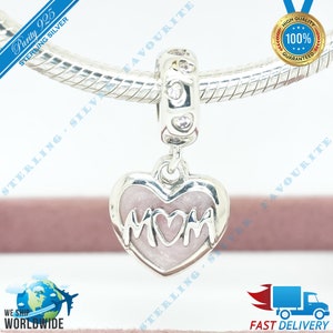 Mama Script Heart Hanger Charm, I Love You Mama, Moeder, Familie Bungelkraal > Past bij Europa Armband > S925 Sterling Zilver > Volledig gestempeld