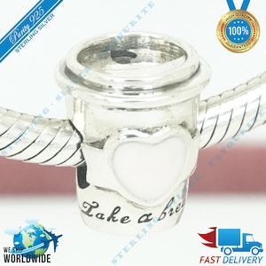 Drink to Go Coffee Cup Charm, Neem een pauze, Vrienden Kraal > Past bij Europa Armband > S925 Sterling Zilver > Volledig gestempeld > NIEUW