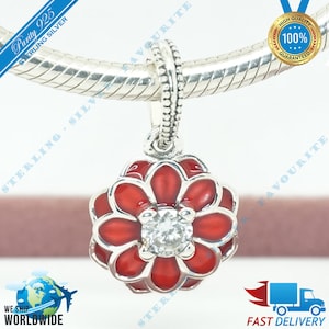Rode Oosterse Bloom Ketting Hanger Charme, Bloem, Bloemen Dangle > Past bij Europa Armband > S925 Sterling Zilver > Volledig gestempeld > NIEUW