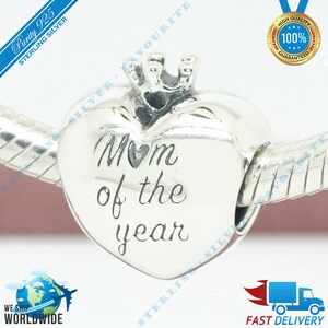 Mum Of The Year Heart Charm, Mother, Mama, Family Love Bead &gt; Fits Europa Bracelet &gt; S925 Sterling Silver &gt; Fully Stamped &gt; NEW