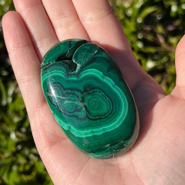 High Quality Malachite Palm Stone with Natural Caves and Banding, Heart Chakra Healing Crystal Palmstone