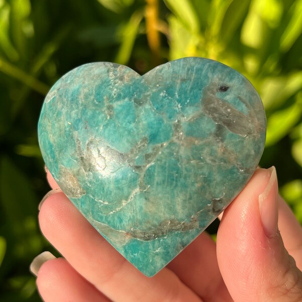 Amazonite Heart with Smokey Quartz, Amazonite Crystal Heart Carving with Smokey Quartz Inclusions