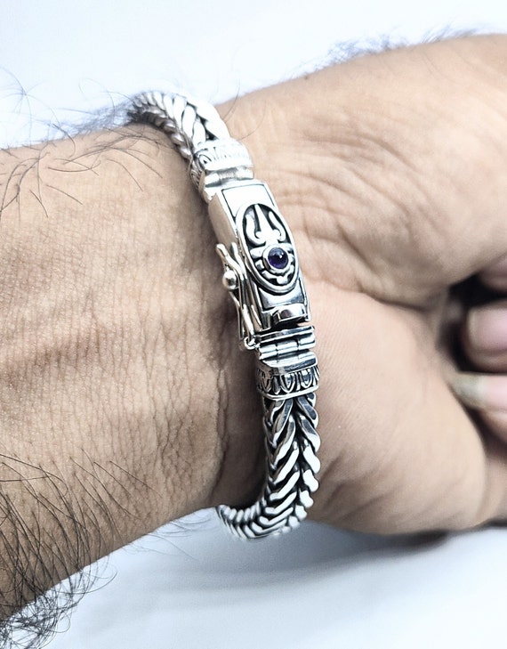 Handmade Sterling Silver Mens Trishul Bracelet, Shiva Trident