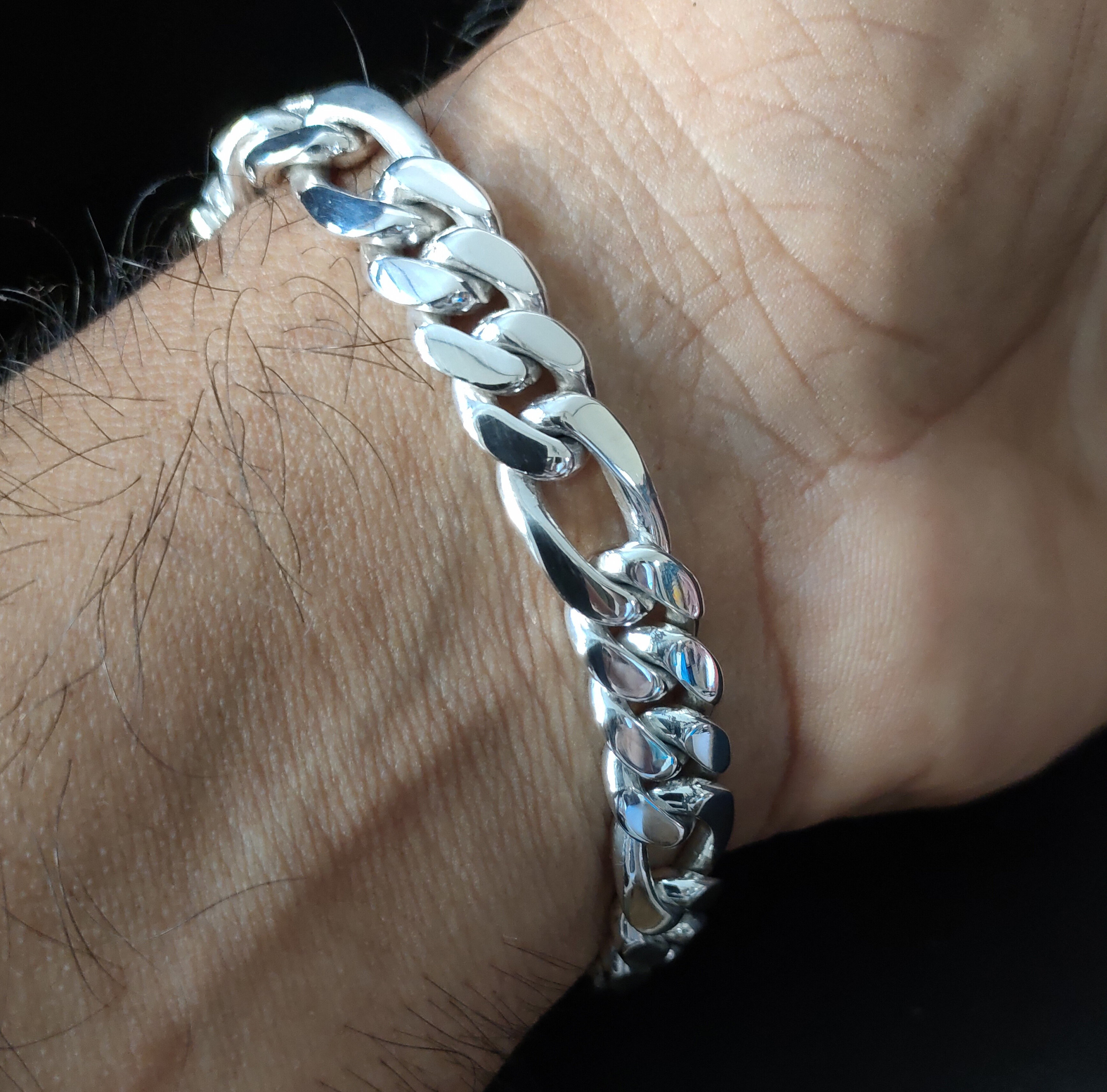 アクセサリー Mexican Silver Figaro chain Bracelet 925 Sterling Silver Vintage Mexico Heavy Figaro Link