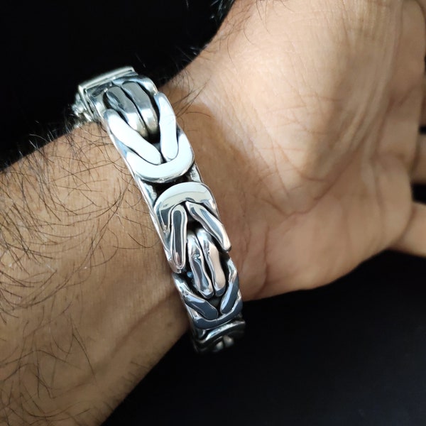 Pulsera de plata para hombre de 14 mm, cadena bizantina, joyería hecha a mano.