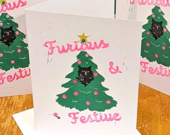 Furious & Festive Cat Linocut Christmas Card / Handmade Holiday Card / A7