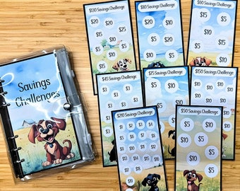 Low Income A6 Savings Challenge Dog Theme | Set of 8 Mini Savings Challenge Trackers | Challenge Bundle | Clear A6 Binder | Budget Binder
