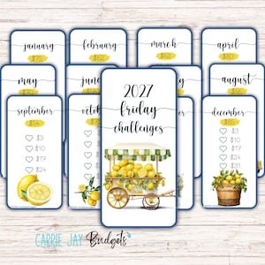 Puede incluir: Un conjunto de tarjetas de seguimiento de ahorros 2027 Friday challenges con encabezados mensuales, montos en dólares e ilustraciones de limones. La tarjeta central muestra un carrito de limones con el texto 2027 Friday challenges.