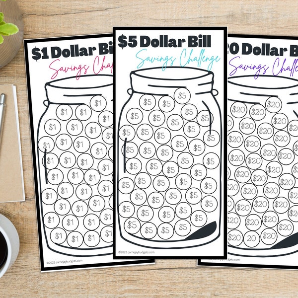 Mini Savings Challenge Trackers Fits A6 Budget Binders | Savings Challenge Bundle | 1 Dollar Bill | 5 Dollar Bill | 20 Dollar Bill