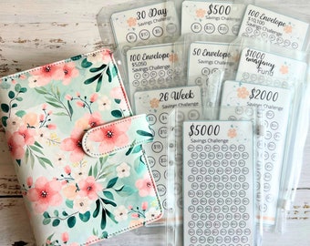 A6 Savings Challenge Starter Set with Lovely A6 Binder | Set of 9 Mini Savings Challenge Trackers | Savings Challenge Bundle