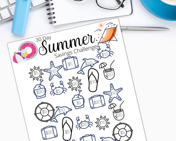 Summer 30 Day Savings Challenge, Printable Goal and Guide, Money
