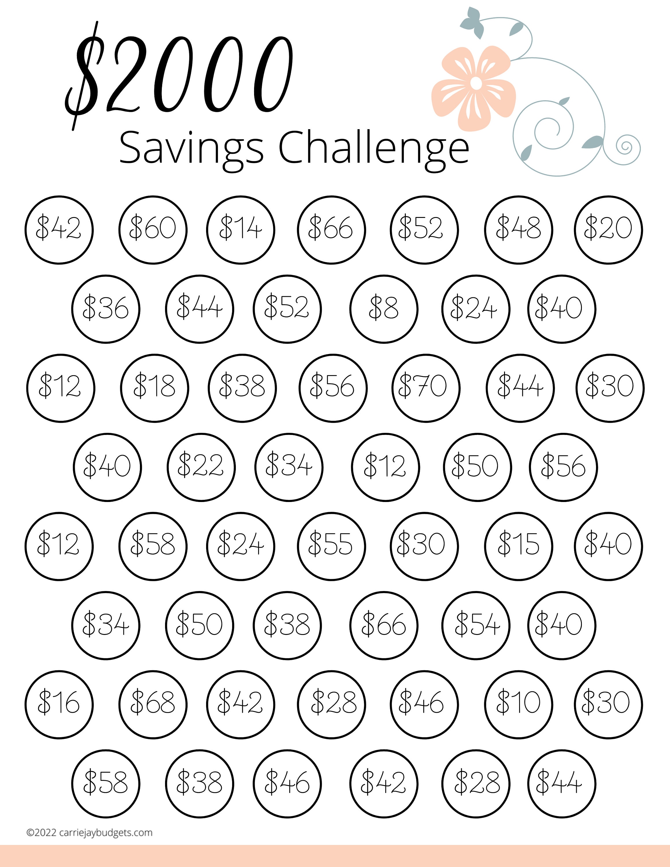 Printable Minimalist 2000 Savings Challenge Tracker 52 Week - Etsy