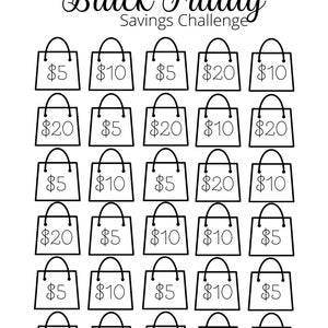 Puede incluir: Gr&aacute;fico de desaf&iacute;o de ahorro en blanco y negro para el Black Friday. El gr&aacute;fico presenta 30 ilustraciones de bolsas de compras, cada una con una cantidad diferente en d&oacute;lares. El texto dice "30 Day Black Friday Savings Challenge".