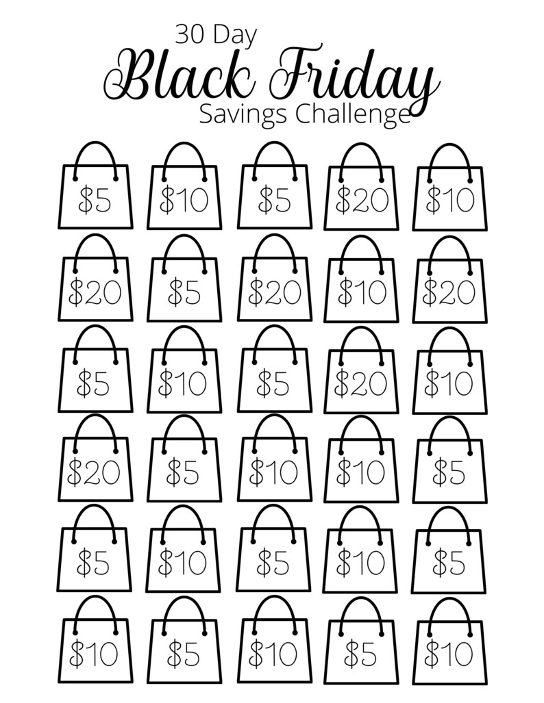 Puede incluir: Gr&aacute;fico de desaf&iacute;o de ahorro en blanco y negro para el Black Friday. El gr&aacute;fico presenta 30 ilustraciones de bolsas de compras, cada una con una cantidad diferente en d&oacute;lares. El texto dice "30 Day Black Friday Savings Challenge".