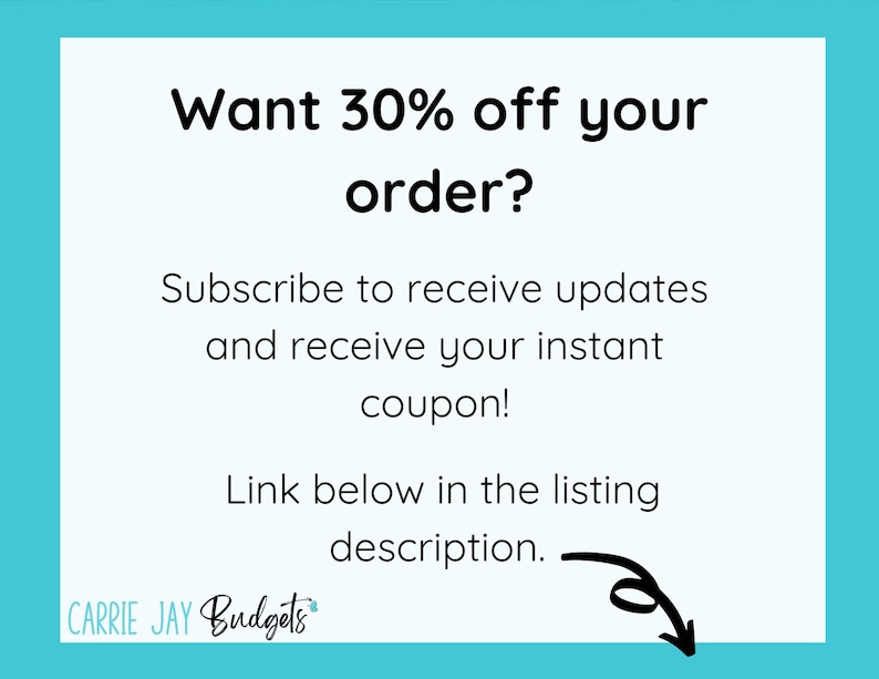 Puede incluir: Un cuadro de texto blanco con borde azul, que contiene el texto "Want 30% off your order? Subscribe to receive updates and receive your instant coupon! Link below in the listing description." con una flecha negra que apunta al texto.