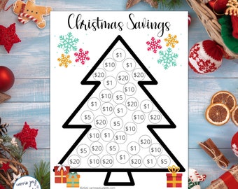 May include: A printable Christmas savings chart in the shape of a Christmas tree with snowflakes and gift boxes. The chart has circles with dollar amounts to track savings for the holidays. The text on the chart reads "Christmas Savings".