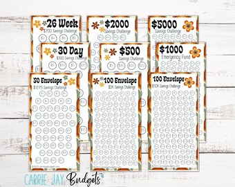 CLEARANCE ** Retro Savings Challenge Trackers Fits A6 Budget Binders | Savings Challenge Bundle | Set of 9| Saving Money