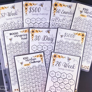 May include: A set of printable savings challenge trackers featuring a sunflower and bee design. The trackers include a 52-week savings challenge, a 30-day savings challenge, a 26-week savings challenge, a $5000 savings challenge, a $1000 emergency fund, a $500 savings challenge, a 100 envelope challenge, and a 50 envelope challenge.