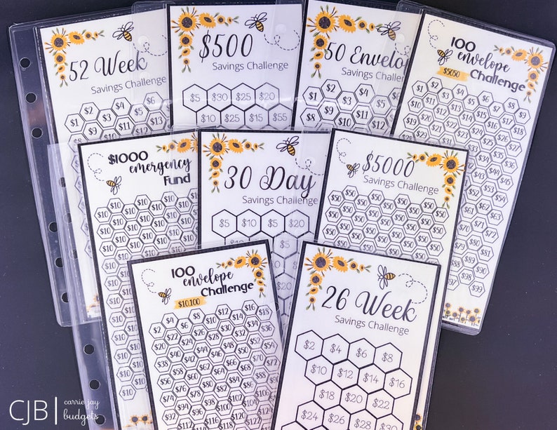 May include: A set of printable savings challenge trackers featuring a sunflower and bee design. The trackers include a 52-week savings challenge, a 30-day savings challenge, a 26-week savings challenge, a $5000 savings challenge, a $1000 emergency fund, a $500 savings challenge, a 100 envelope challenge, and a 50 envelope challenge.