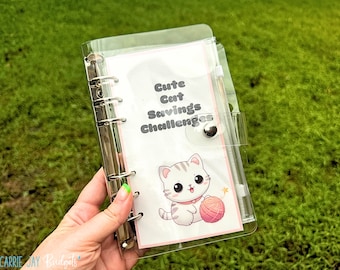 Cat Low Income A6 Savings Challenge | Set of 8 Mini Savings Challenge Trackers | Savings Bundle | Clear A6 Binder | Cash Budget Binder