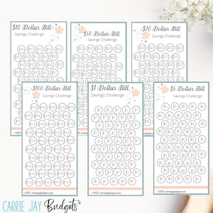 Floral Savings Challenge Trackers Fits A6 Budget Binders | Savings Challenge Bundle | 1 Dollar Bill | 5 Dollar Bill | 100 Dollar Bill