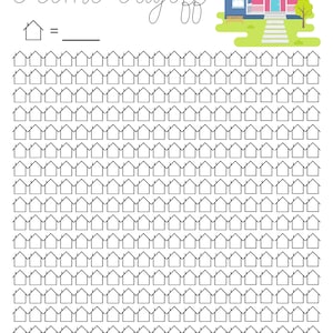 K&ouml;nnte beinhalten: Eine Schwarzwei&szlig;illustration eines Hauses mit dem Text "Home Payoff" dar&uuml;ber. Die Illustration ist von 100 kleineren Hausumrissen umgeben, die ausgemalt werden k&ouml;nnen, um Zahlungen f&uuml;r eine Hypothek darzustellen.