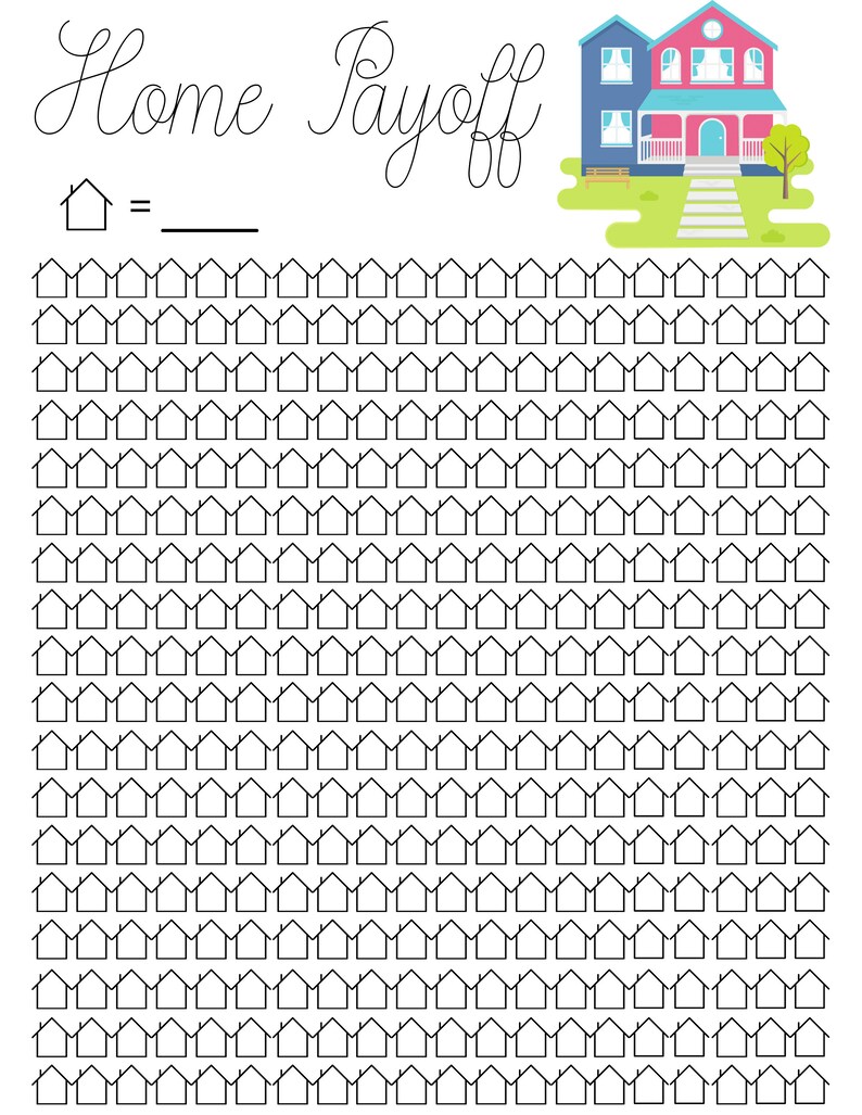 K&ouml;nnte beinhalten: Eine Schwarzwei&szlig;illustration eines Hauses mit dem Text "Home Payoff" dar&uuml;ber. Die Illustration ist von 100 kleineren Hausumrissen umgeben, die ausgemalt werden k&ouml;nnen, um Zahlungen f&uuml;r eine Hypothek darzustellen.