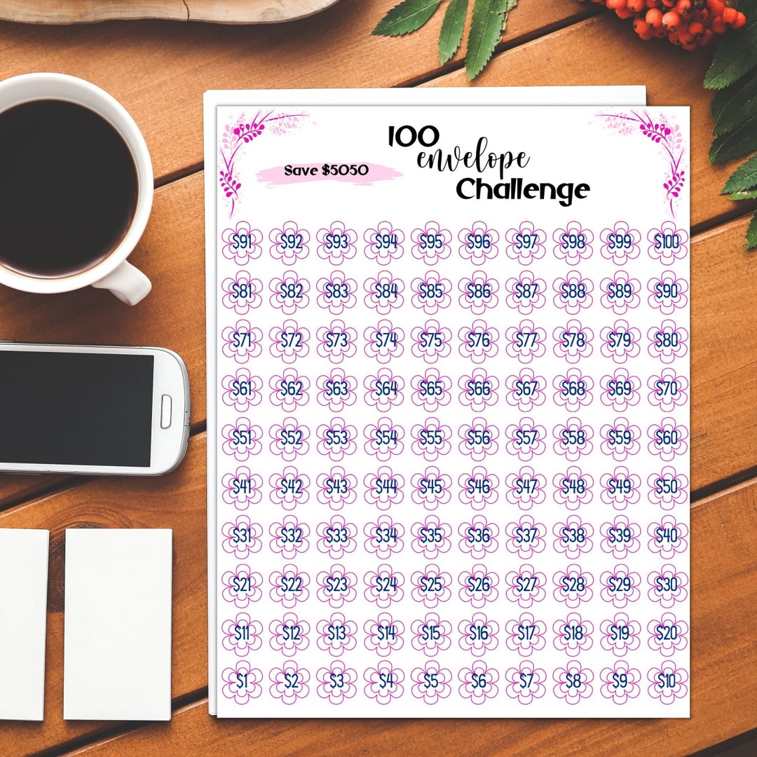 100 Envelope Challenge Tracker Printable Savings Goal - Etsy Hong Kong