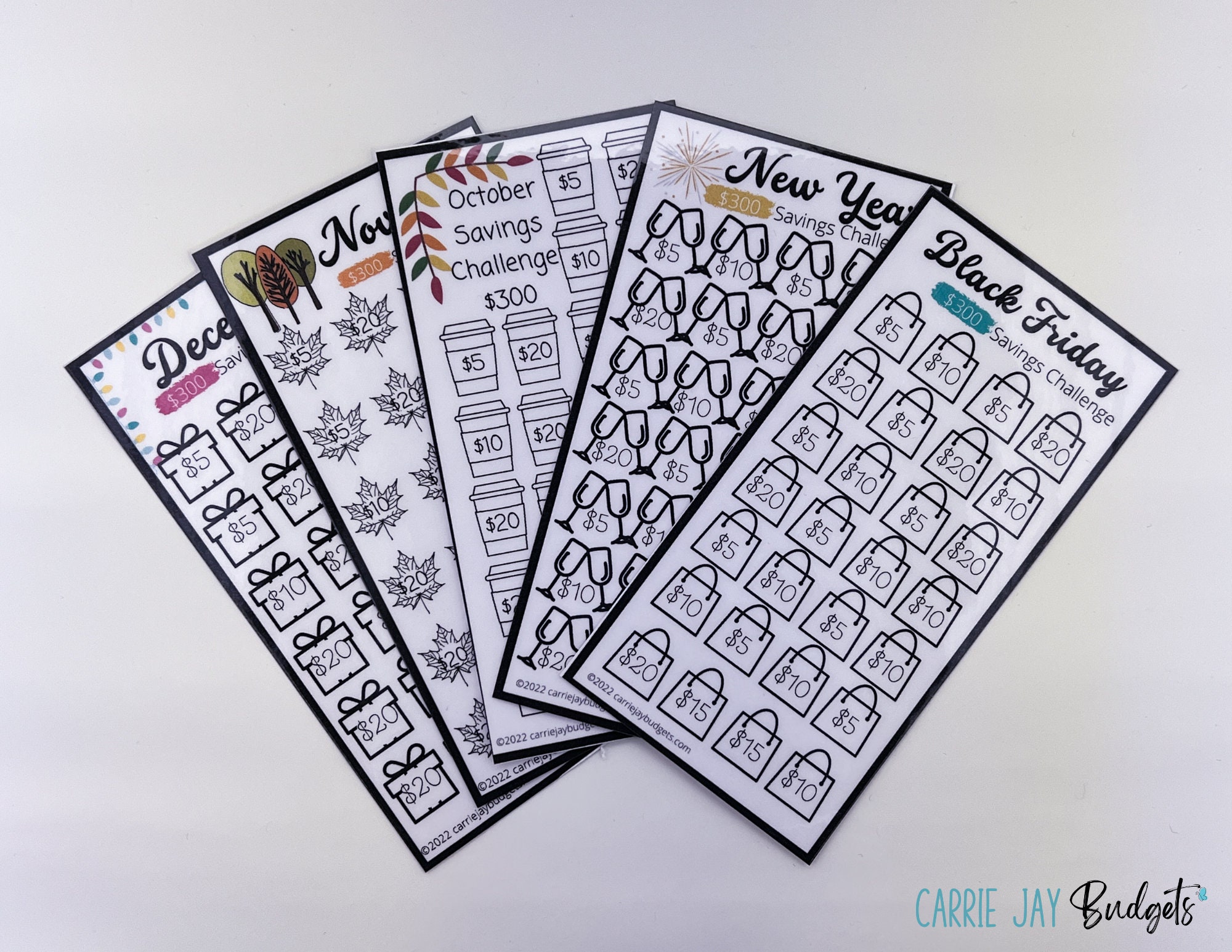 Holiday Savings Challenge Starter Set | Save 300 | Set of 5 Mini Savings Challenge Trackers | Savings Challenge Bundle | A6 Budget Binder