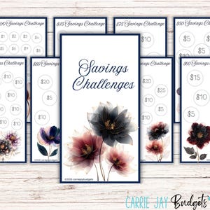 May include: A collection of savings challenge printables with floral designs. The central card reads "Savings Challenges" with watercolor flowers. Other cards display amounts like $210, $45, $75, $50, $150, $80, and $60.