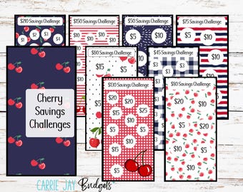 Nouveau Cherry Imprimable A6 Savings Challenge | Ensemble de 8 mini-suiveurs Savings Challenge, compatible avec un classeur A6 Savings