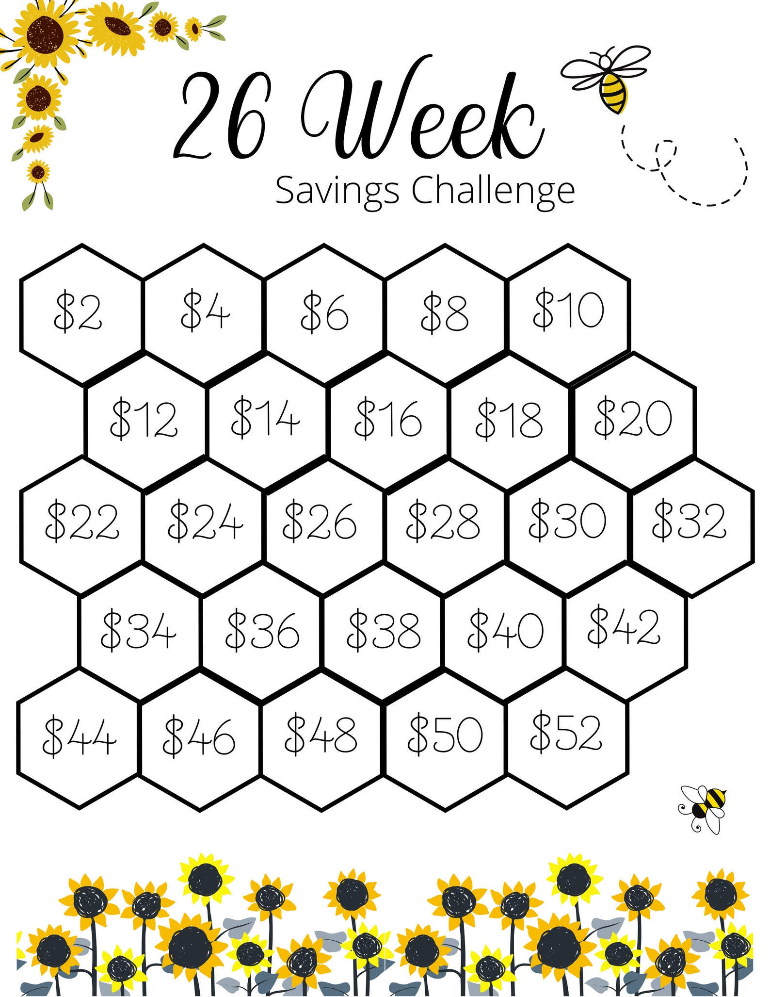 26 Week Savings Challenge Printable Goal Bee Money Savings Etsy