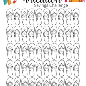 May include: A printable vacation savings challenge chart with a $2000 goal. The chart features 50 flip-flop outlines, each with a $40 savings goal.