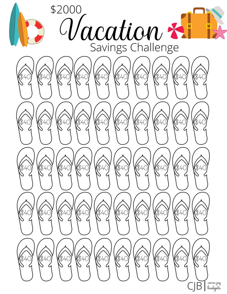 May include: A printable vacation savings challenge chart with a $2000 goal. The chart features 50 flip-flop outlines, each with a $40 savings goal.