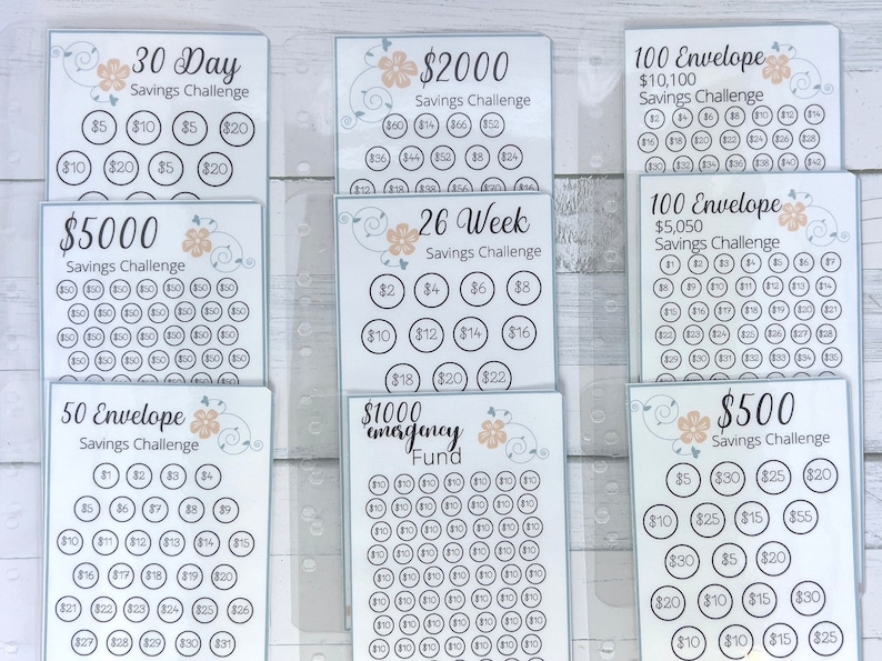 May include: A set of printable savings challenge trackers with floral designs. The trackers include options for 30 day, 26 week, 50 envelope, 100 envelope, $2000, $5000, $500, $1000 emergency fund savings challenges.
