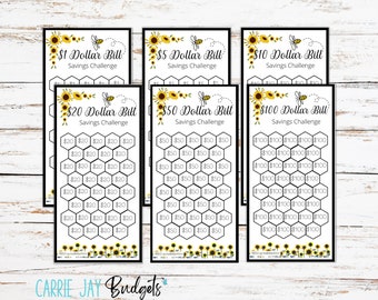 Mini Savings Challenge Trackers Fits A6 Budget Binders | Savings Challenge Bundle | 1 Dollar Bill | 5 Dollar Bill | 100 Dollar Bill