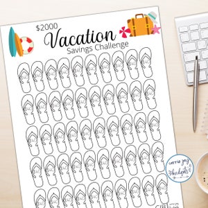May include: A printable vacation savings challenge chart with a suitcase, flip flops, and a palm tree. The chart has 50 flip flops, each with the text "$40" inside. The chart is titled "Vacation Savings Challenge" and has the text "$2000" at the top.