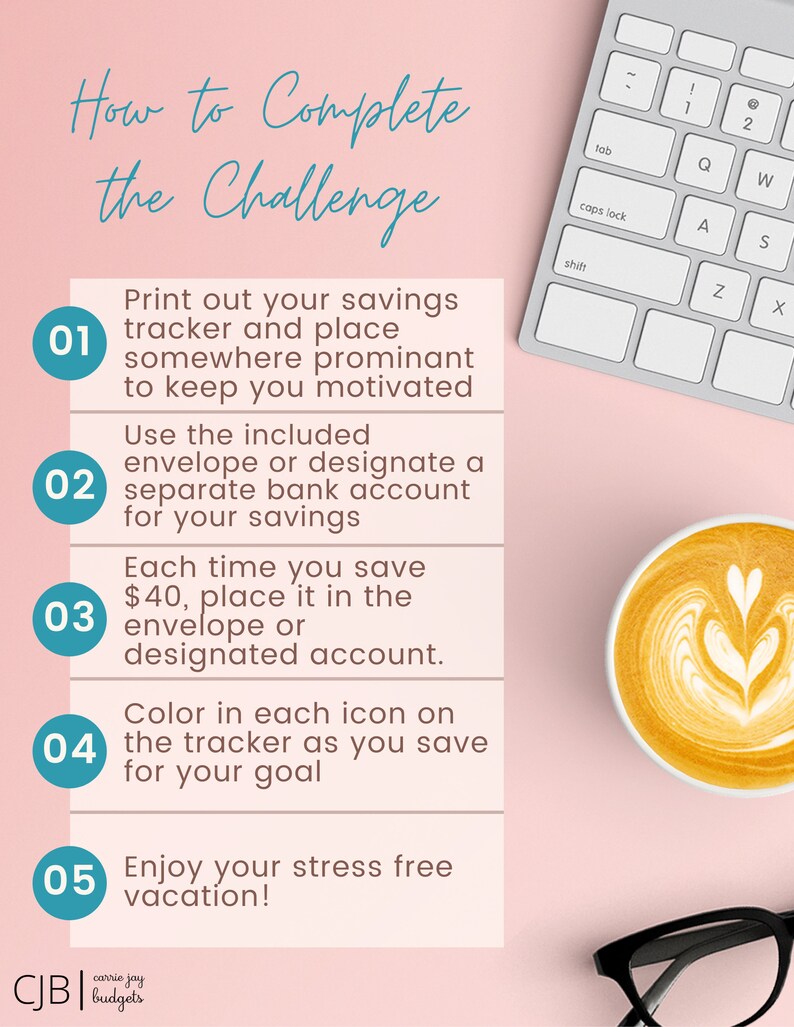 May include: A pink background with a white computer keyboard, a cup of coffee, and a pair of glasses. A white card with blue numbers and text outlines a five-step challenge to save money. The text on the card reads: "How to Complete the Challenge" and includes the steps: "Print out your savings tracker and place somewhere prominent to keep you motivated", "Use the included envelope or designate a separate bank account for your savings", "Each time you save $40, place it in the envelope or designated account", "Color in each icon on the tracker as you save for your goal", and "Enjoy your stress free vacation!" The text at the bottom of the card reads: "CJB carrie jay budgets".