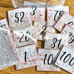May include: A set of 10 floral-themed number cards, each with a different number from 1 to 100. The cards are printed on white cardstock with a pink and white floral design. The numbers are written in black ink.
