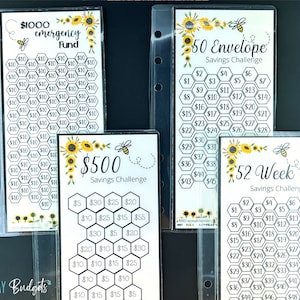 May include: Four printable savings challenge trackers with a bee and sunflower theme. The trackers are for a $1000 emergency fund, a $500 savings challenge, a 50 envelope savings challenge, and a 52 week savings challenge.