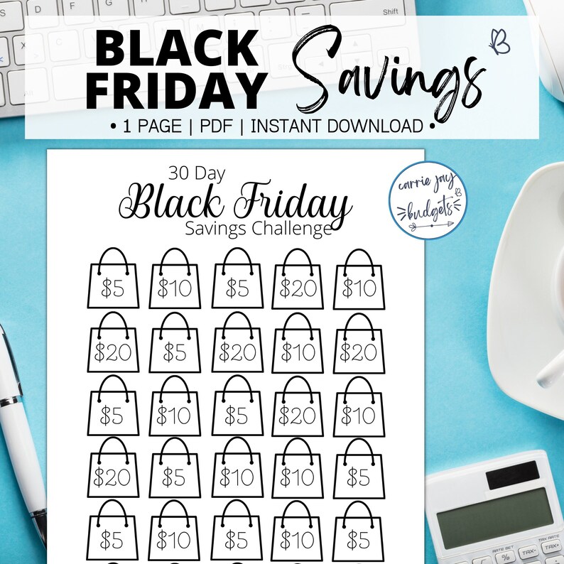 Puede incluir: Una hoja imprimible de desaf&iacute;o de ahorro del Black Friday con iconos de bolsas de compras, cada uno etiquetado con cantidades en d&oacute;lares. La hoja incluye el texto "Black Friday Savings Challenge" y "Instant Download."