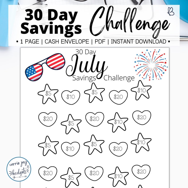 30 Day July Savings Challenge Printable Goal and Guide Money Etsy
